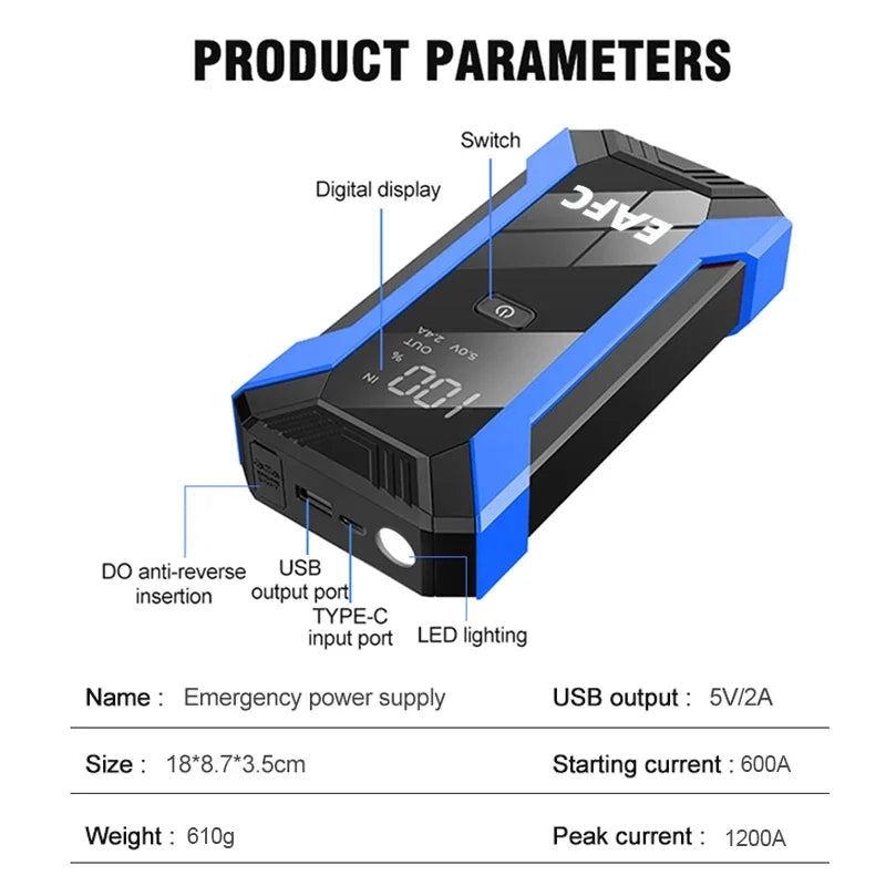 Car Jump Starter Battery Power Bank 2000A/1200A for Petrol Diesel Car Starter Portable Emergency Booster 12V Starting Device