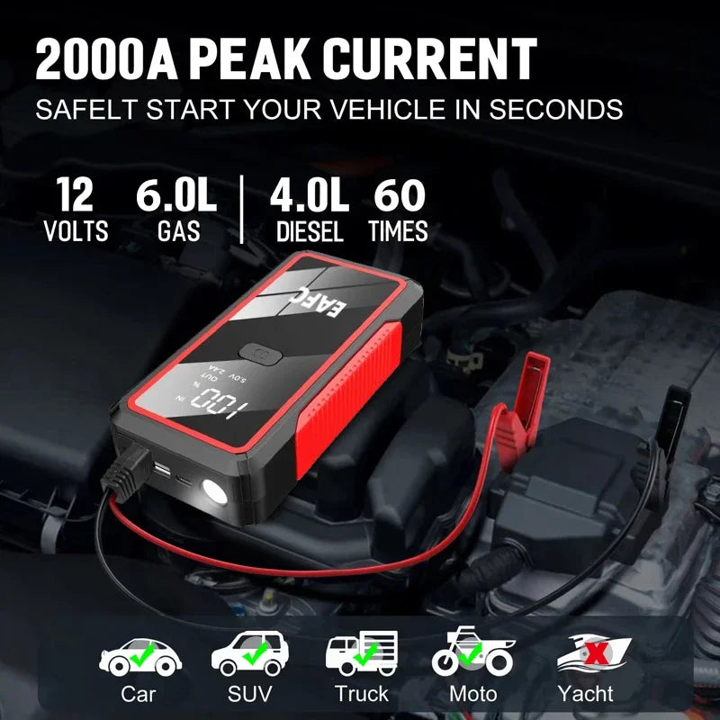 Car Jump Starter Battery Power Bank 2000A/1200A for Petrol Diesel Car Starter Portable Emergency Booster 12V Starting Device