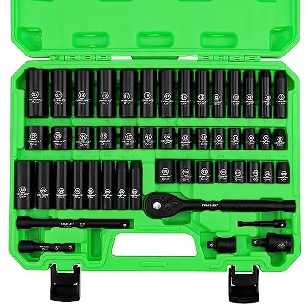 Impact Socket Set 50-Piece 3/8" Drive Standard SAE Metric 6 Point Cr-V Ratchet Laser Marked Easy Selection Custom Storage