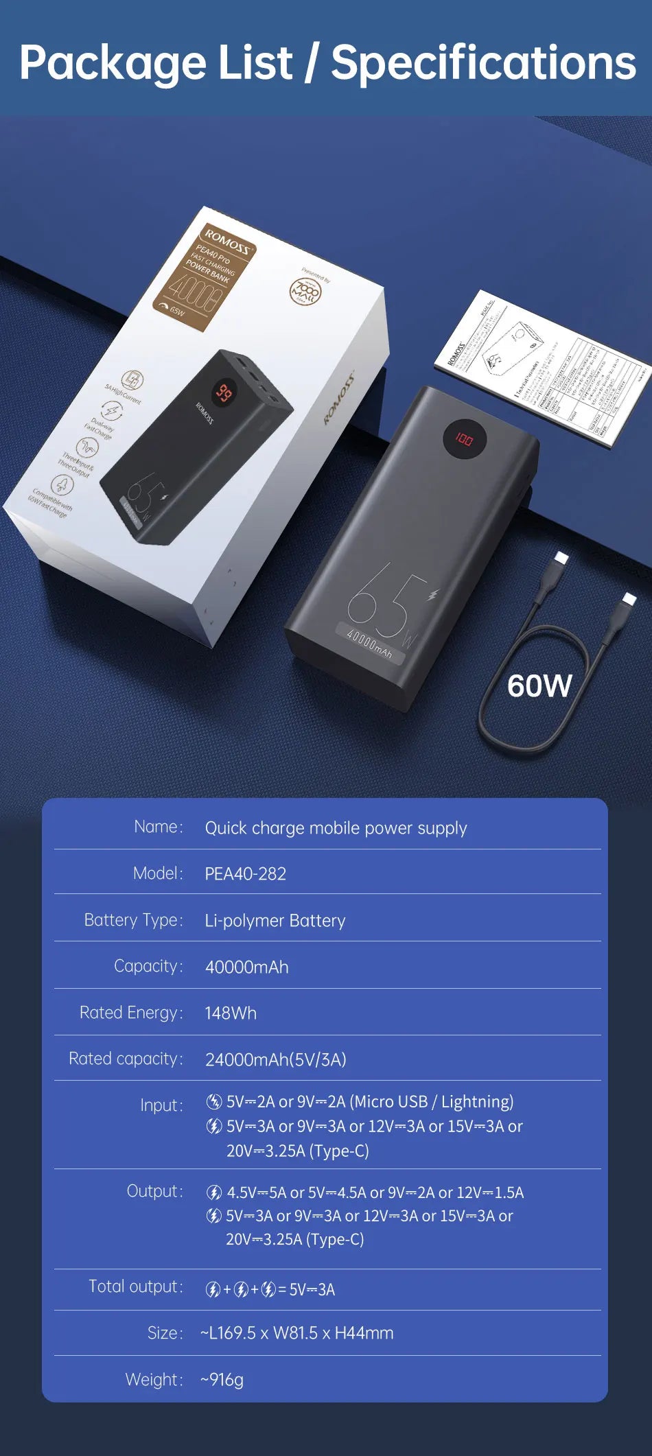 ROMOSS PEA40PRO Power Bank 40000mAh 65W Fast Charge USB C External Battery Portable Powerbank for Laptop iPhone 15 Xiaomi Huawei