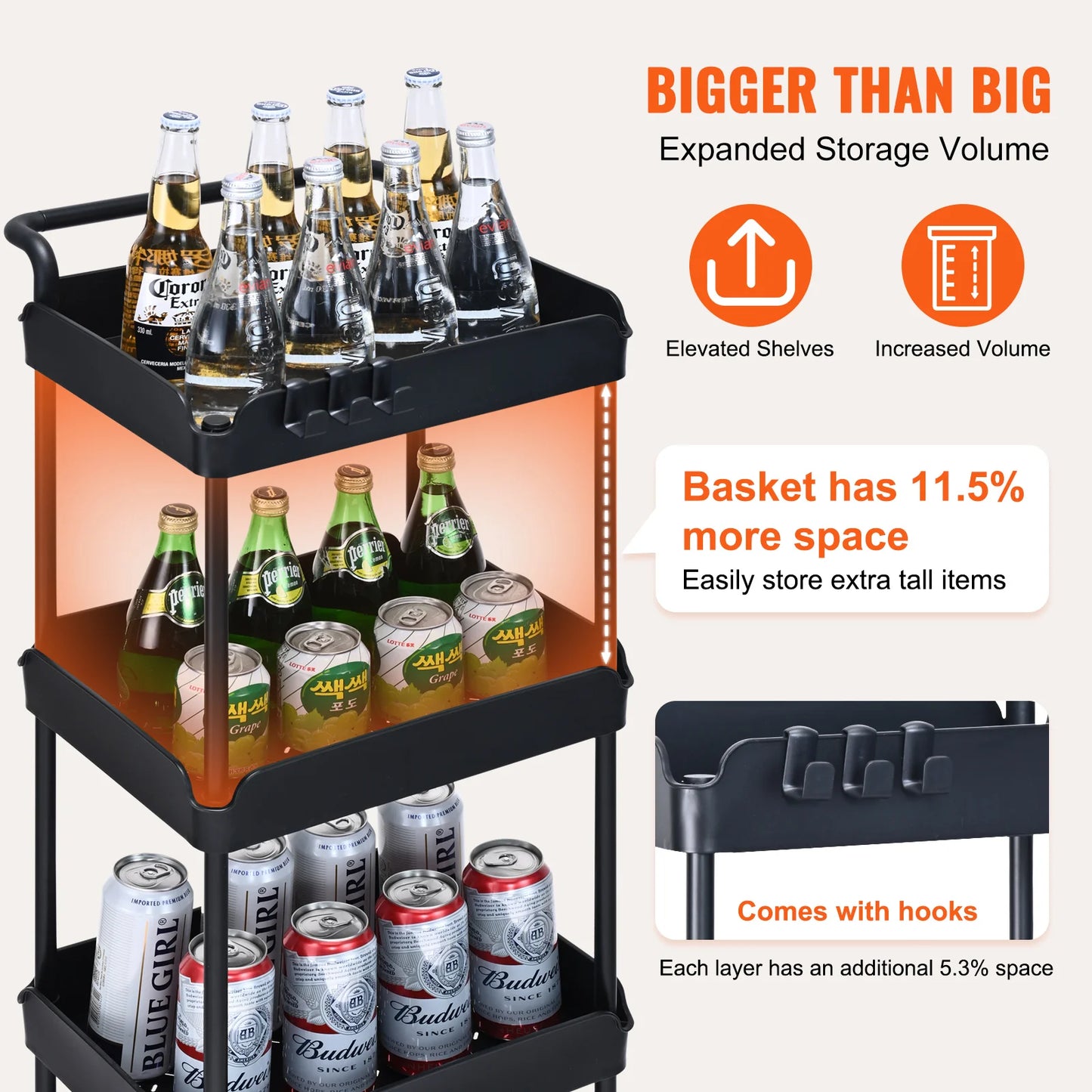 VEVOR 4-Tier Rolling Utility Cart Kitchen Organizer Shelves with Wheels Storage Trolley for Office Living Room Clearance Sale