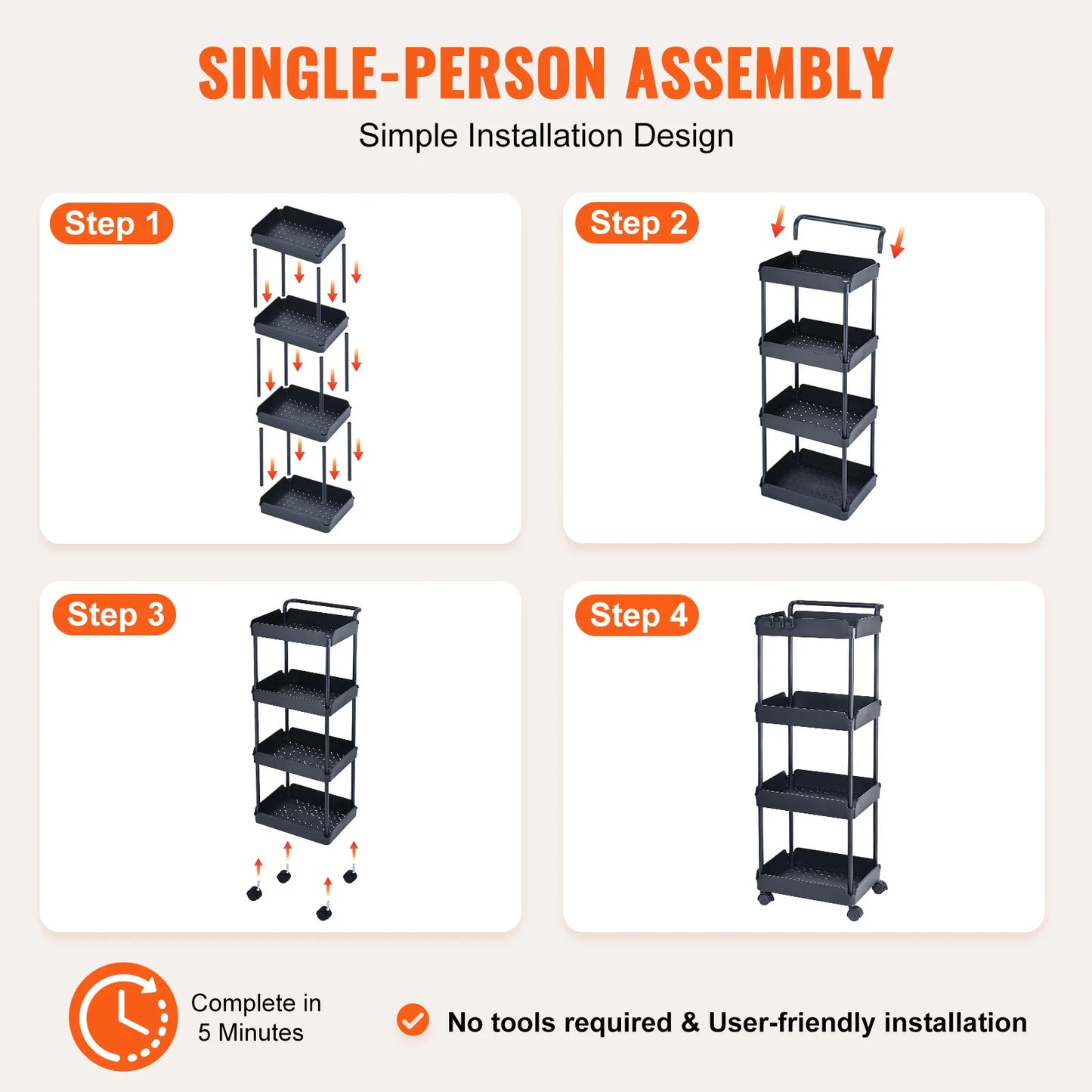 VEVOR 4-Tier Rolling Utility Cart Kitchen Organizer Shelves with Wheels Storage Trolley for Office Living Room Clearance Sale
