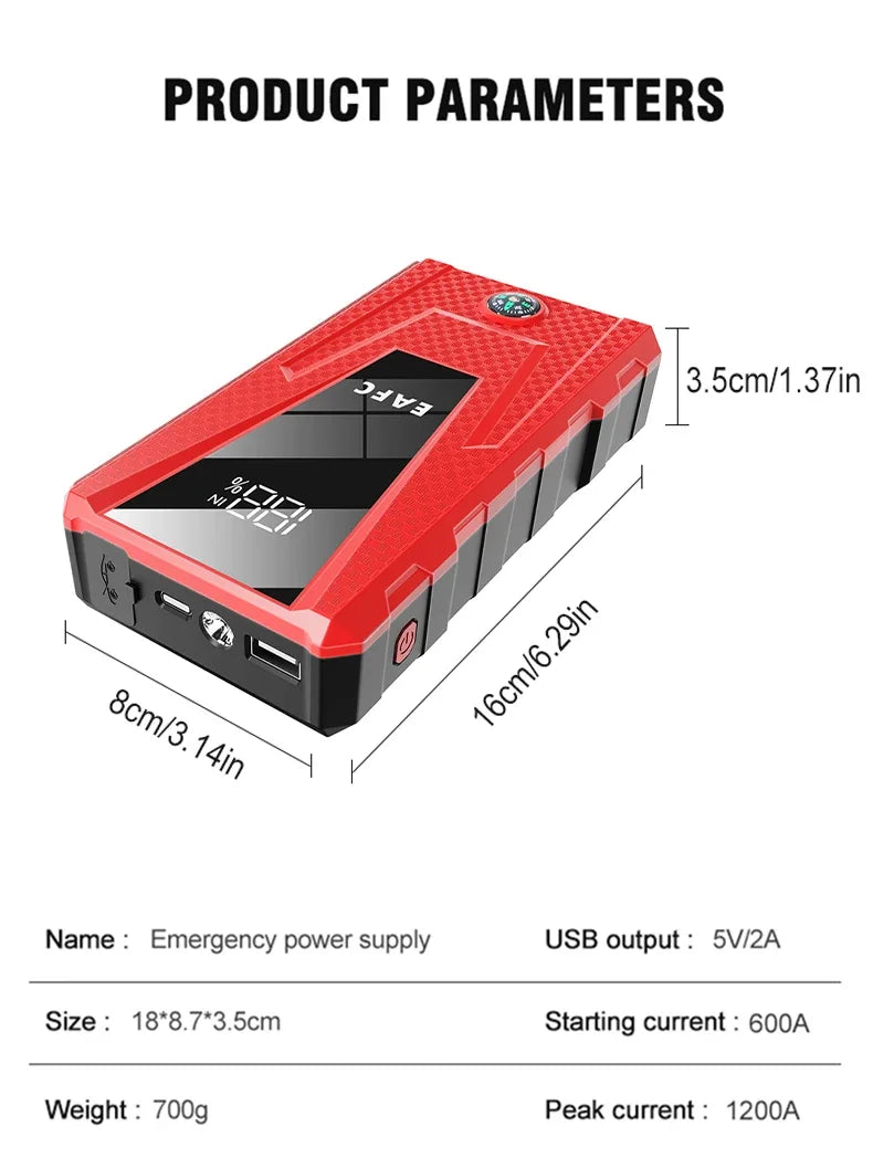 Car Jump Starter Battery Power Bank 2000A/1200A for Petrol Diesel Car Starter Portable Emergency Booster 12V Starting Device