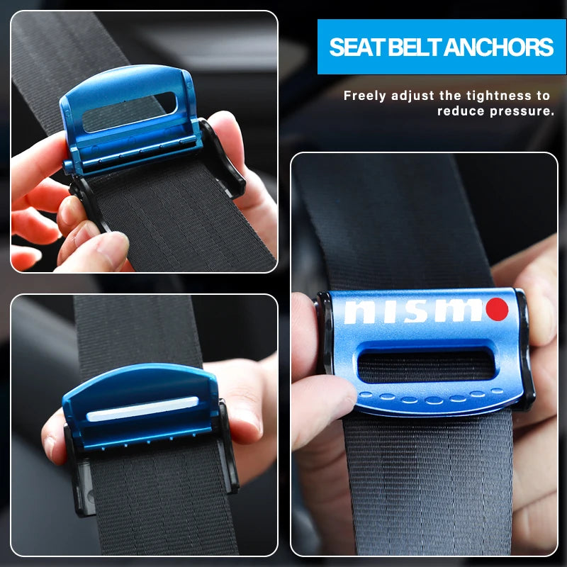 2Pcs Adjustable Car Seat Belt Shoulder Fixed Strap Clips Accessories For Nismo Logo Emblem R34 GTR Nissan Tiida Sylphy Teana