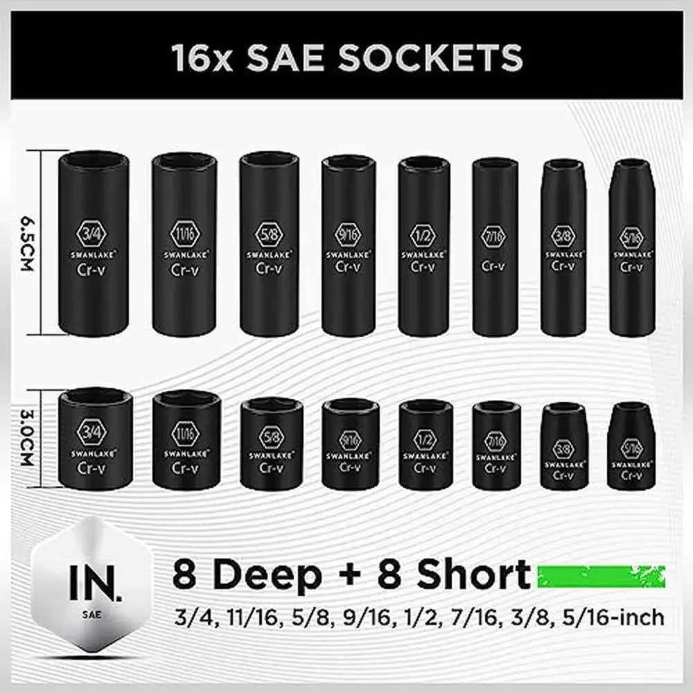 Impact Socket Set 50-Piece 3/8" Drive Standard SAE Metric 6 Point Cr-V Ratchet Laser Marked Easy Selection Custom Storage