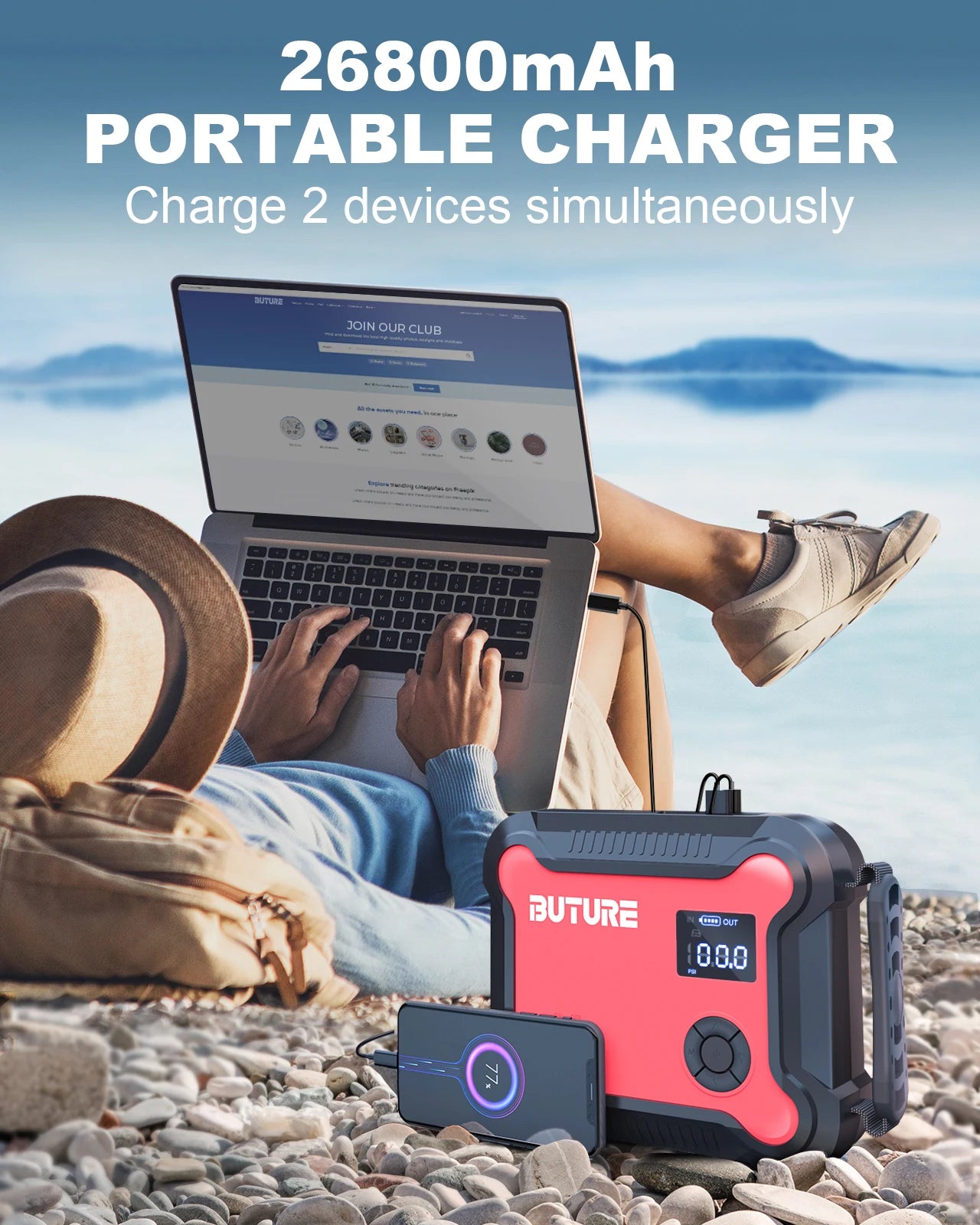 Buture 5 in 1 Car Jump Start Air Compressor 26800mAh Power Bank Portable Battery Booster Digital Tire Inflator with 160W DC Out