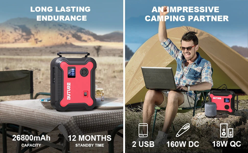 Buture 5 in 1 Car Jump Start Air Compressor 26800mAh Power Bank Portable Battery Booster Digital Tire Inflator with 160W DC Out