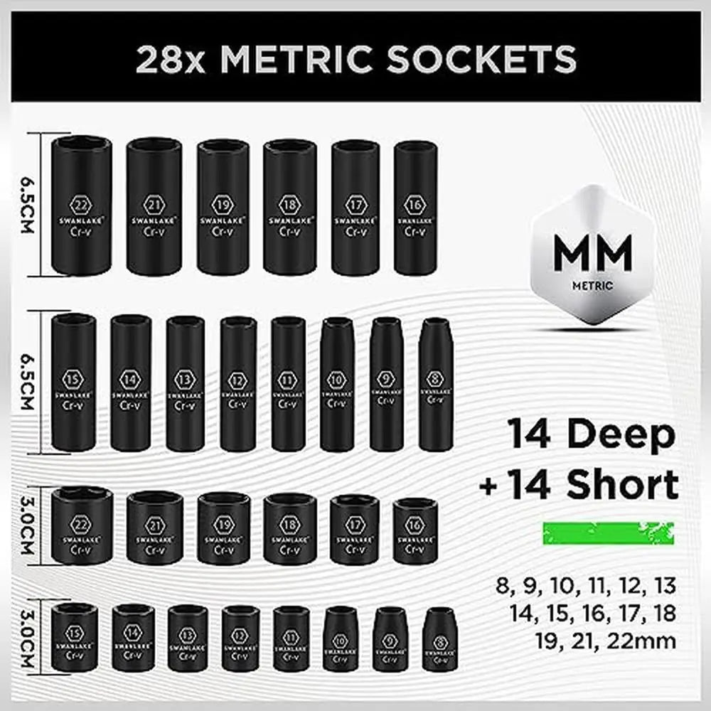 Impact Socket Set 50-Piece 3/8" Drive Standard SAE Metric 6 Point Cr-V Ratchet Laser Marked Easy Selection Custom Storage
