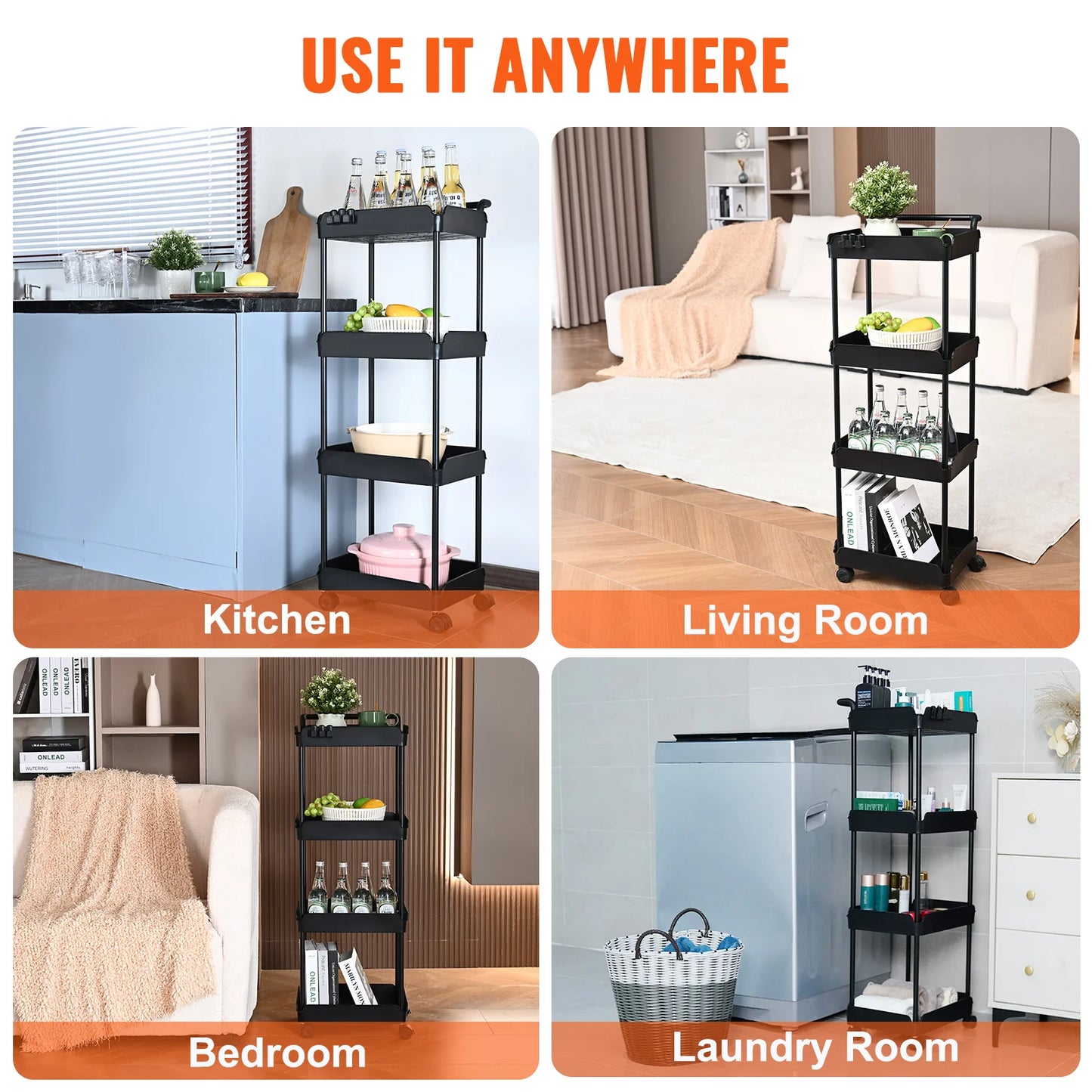 VEVOR 4-Tier Rolling Utility Cart Kitchen Organizer Shelves with Wheels Storage Trolley for Office Living Room Clearance Sale