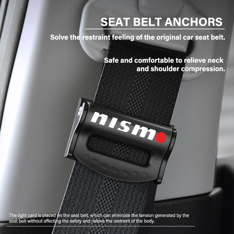 2Pcs Adjustable Car Seat Belt Shoulder Fixed Strap Clips Accessories For Nismo Logo Emblem R34 GTR Nissan Tiida Sylphy Teana