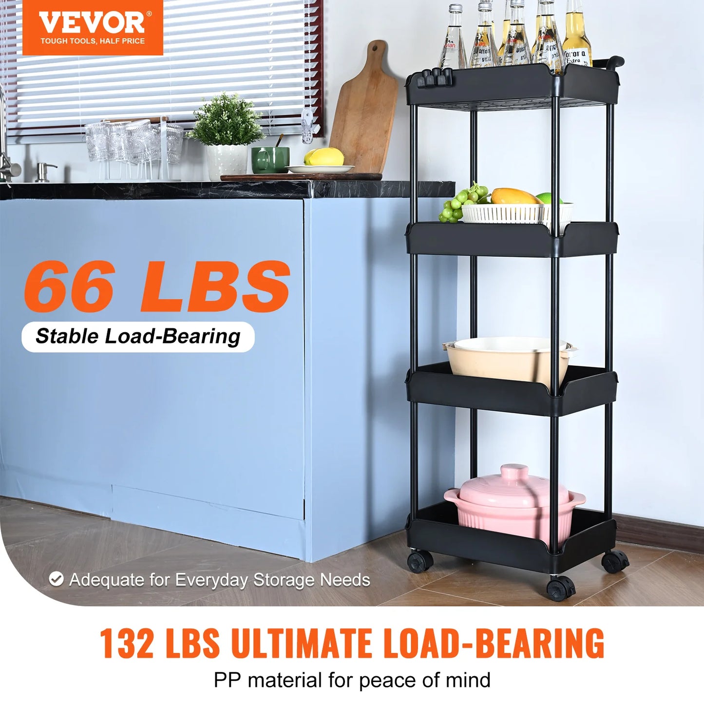 VEVOR 4-Tier Rolling Utility Cart Kitchen Organizer Shelves with Wheels Storage Trolley for Office Living Room Clearance Sale