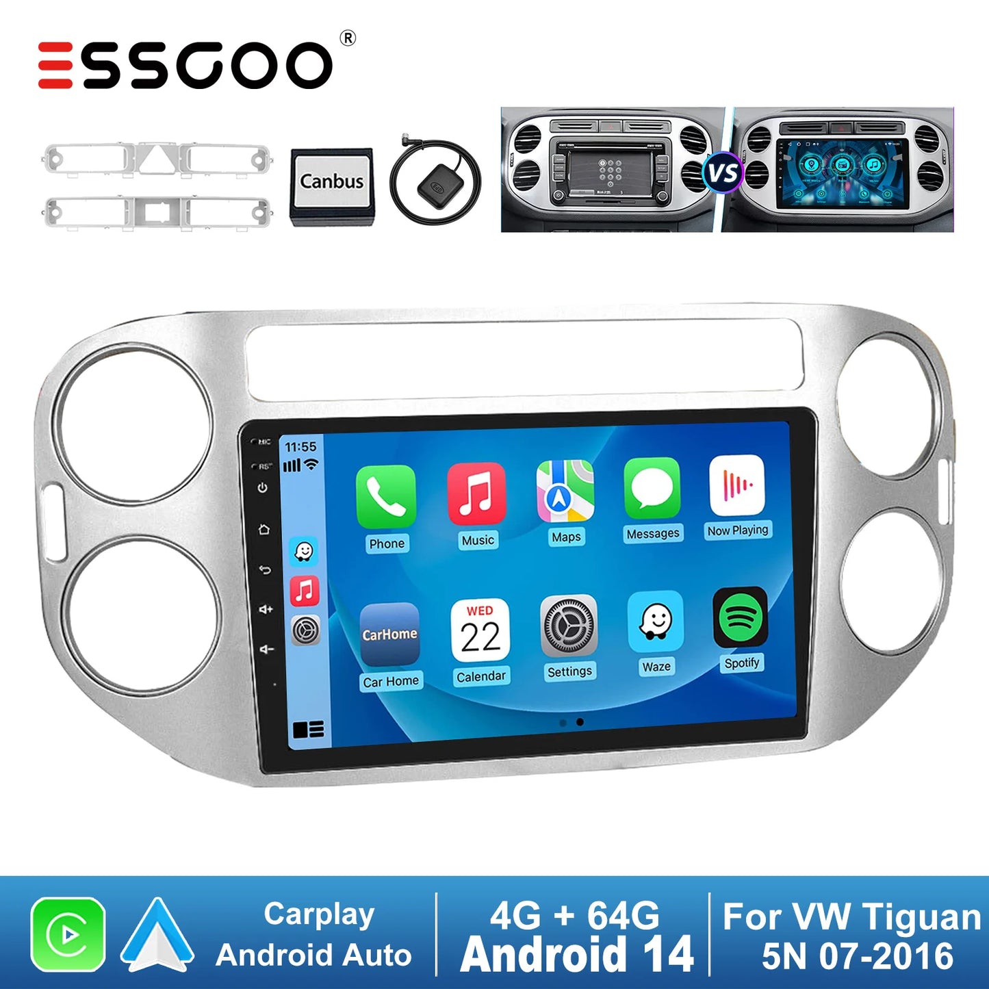 ESSGOO 9" Wireless CarPlay Android 14 Car Stereo Radio For Volkswagen VW Tiguan 5N 2007-2016 VW Golf Plus 2004-2013 GPS Nav wifi