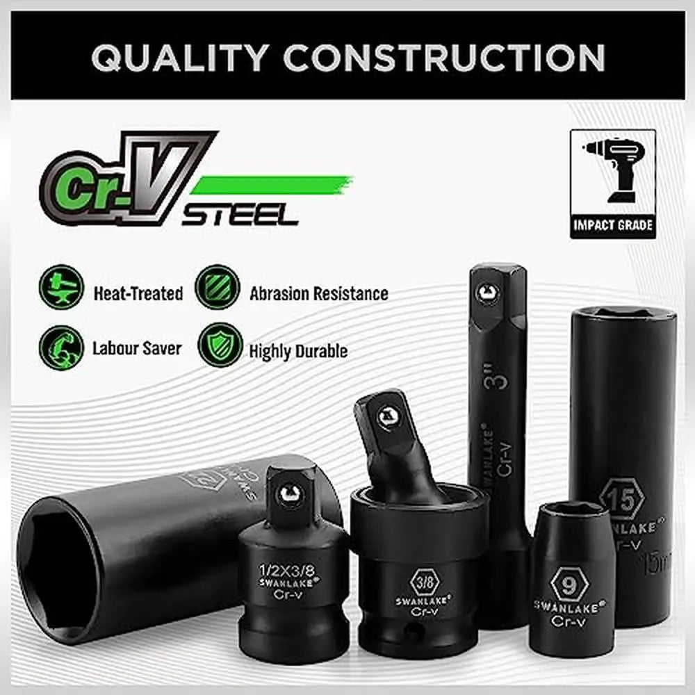 Impact Socket Set 50-Piece 3/8" Drive Standard SAE Metric 6 Point Cr-V Ratchet Laser Marked Easy Selection Custom Storage
