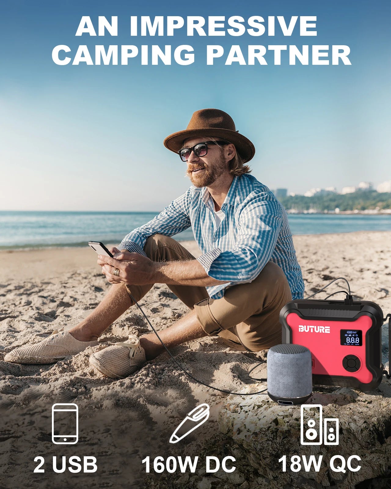 Buture 5 in 1 Car Jump Start Air Compressor 26800mAh Power Bank Portable Battery Booster Digital Tire Inflator with 160W DC Out