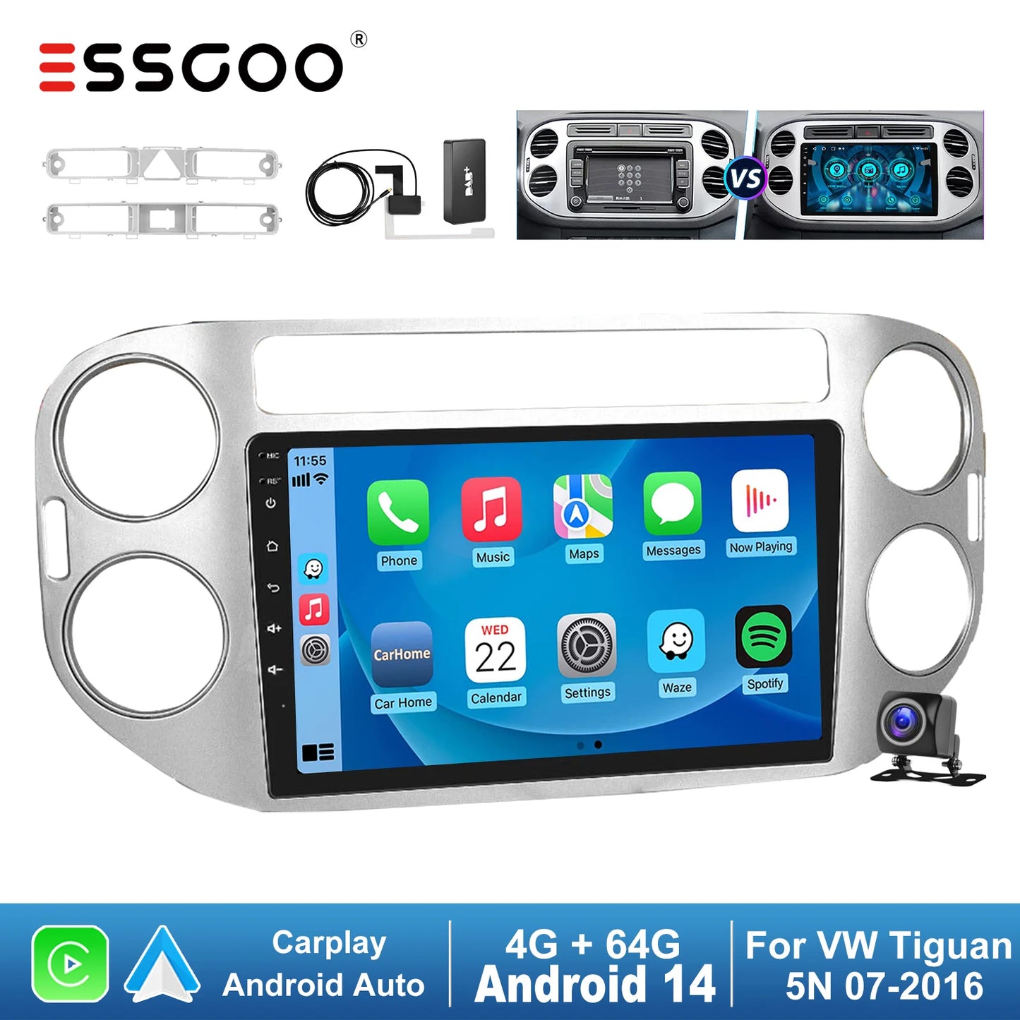 ESSGOO 9" Wireless CarPlay Android 14 Car Stereo Radio For Volkswagen VW Tiguan 5N 2007-2016 VW Golf Plus 2004-2013 GPS Nav wifi