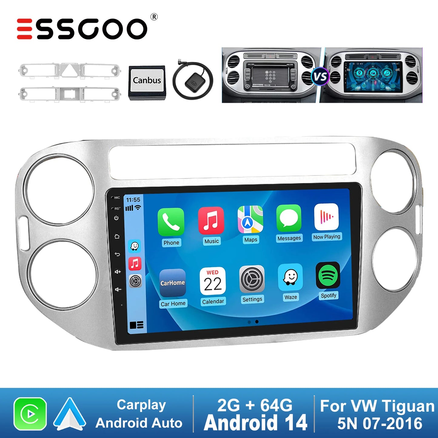 ESSGOO 9" Wireless CarPlay Android 14 Car Stereo Radio For Volkswagen VW Tiguan 5N 2007-2016 VW Golf Plus 2004-2013 GPS Nav wifi