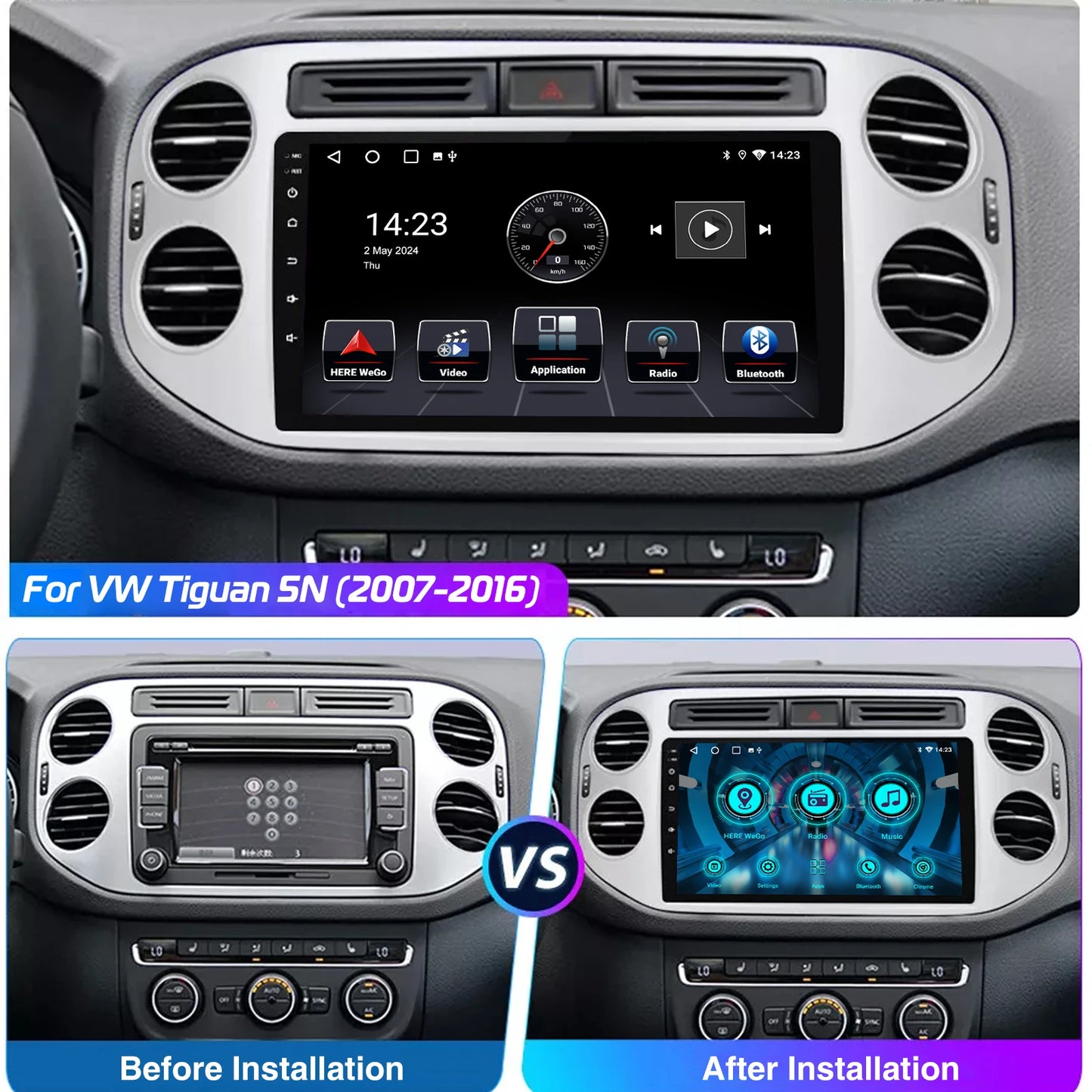 ESSGOO 9" Wireless CarPlay Android 14 Car Stereo Radio For Volkswagen VW Tiguan 5N 2007-2016 VW Golf Plus 2004-2013 GPS Nav wifi