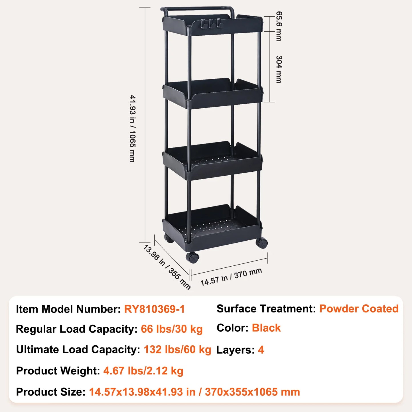 VEVOR 4-Tier Rolling Utility Cart Kitchen Organizer Shelves with Wheels Storage Trolley for Office Living Room Clearance Sale