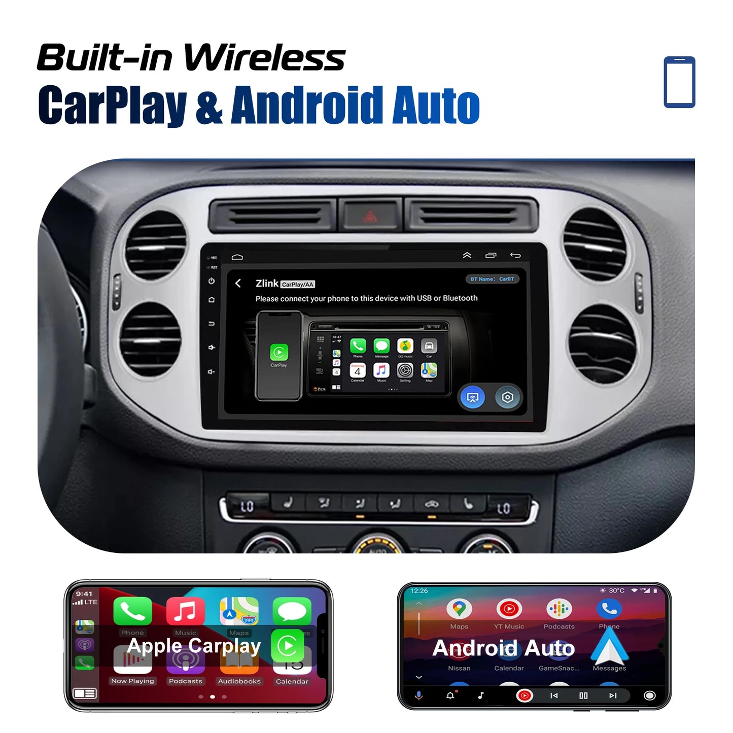 ESSGOO 9" Wireless CarPlay Android 14 Car Stereo Radio For Volkswagen VW Tiguan 5N 2007-2016 VW Golf Plus 2004-2013 GPS Nav wifi