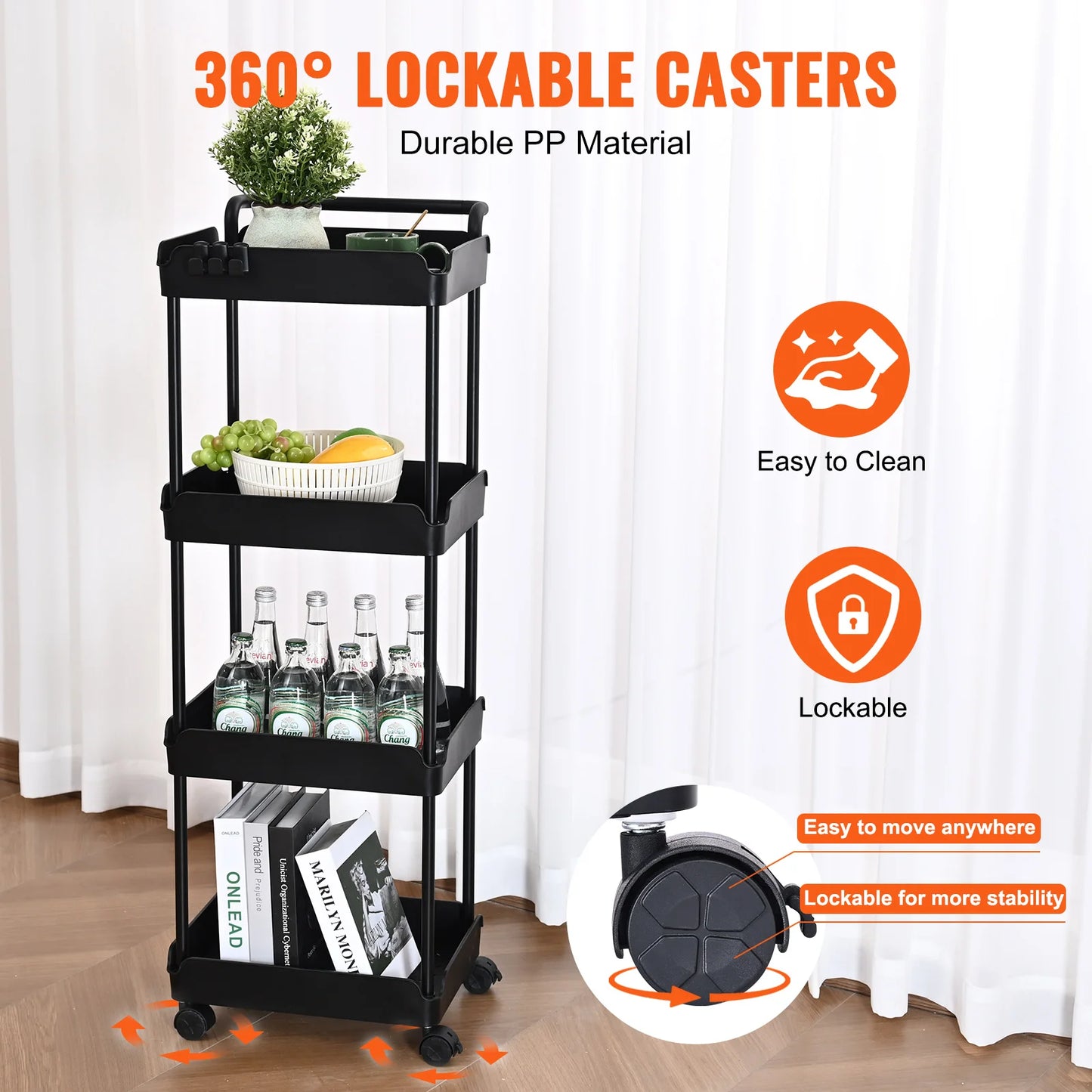 VEVOR 4-Tier Rolling Utility Cart Kitchen Organizer Shelves with Wheels Storage Trolley for Office Living Room Clearance Sale