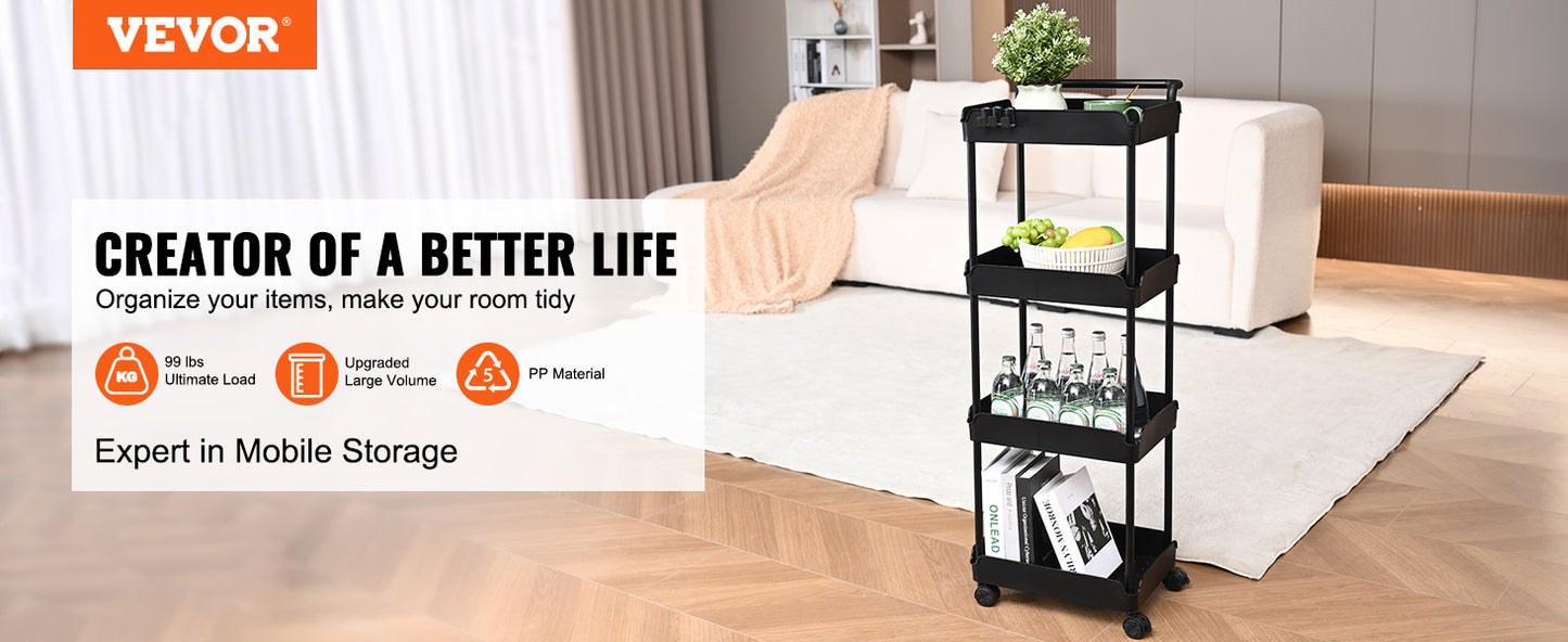 VEVOR 4-Tier Rolling Utility Cart Kitchen Organizer Shelves with Wheels Storage Trolley for Office Living Room Clearance Sale