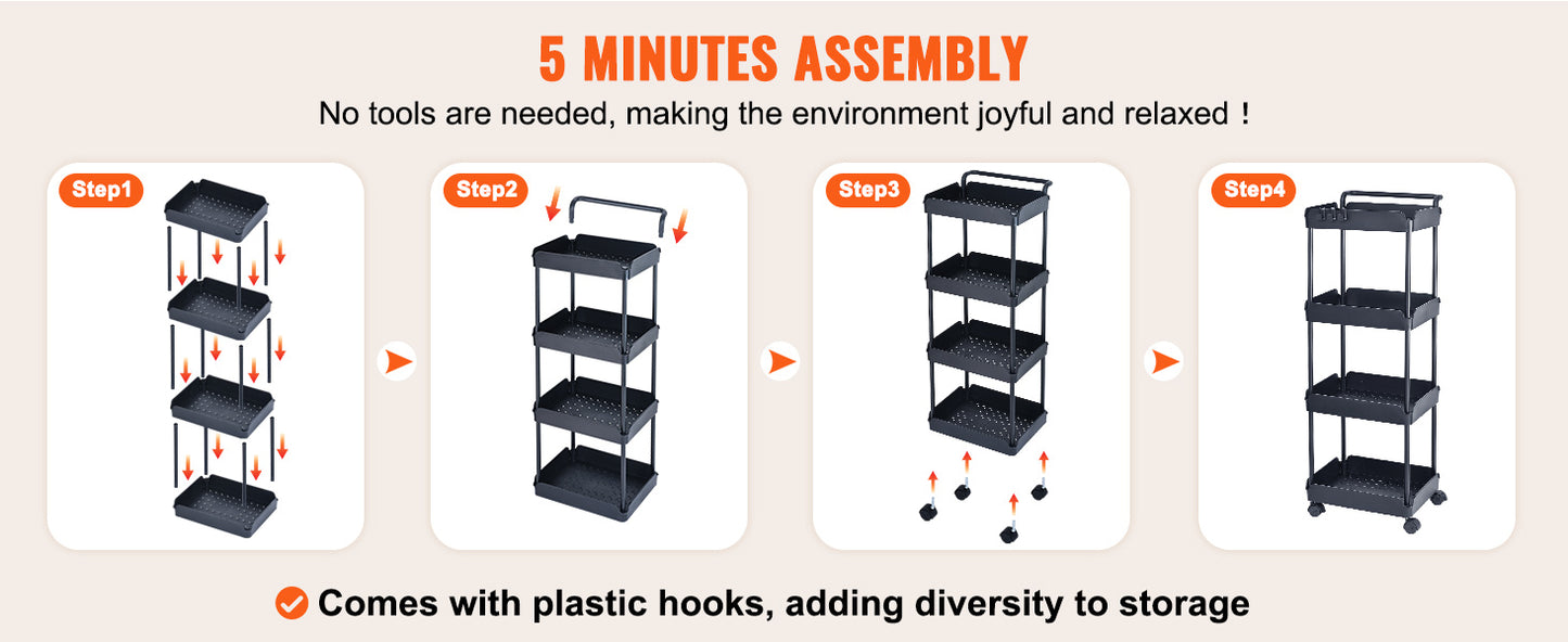 VEVOR 4-Tier Rolling Utility Cart Kitchen Organizer Shelves with Wheels Storage Trolley for Office Living Room Clearance Sale