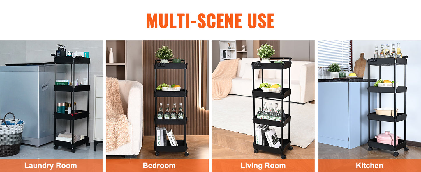VEVOR 4-Tier Rolling Utility Cart Kitchen Organizer Shelves with Wheels Storage Trolley for Office Living Room Clearance Sale