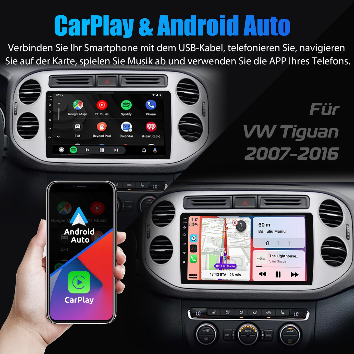 ESSGOO 9" Wireless CarPlay Android 14 Car Stereo Radio For Volkswagen VW Tiguan 5N 2007-2016 VW Golf Plus 2004-2013 GPS Nav wifi