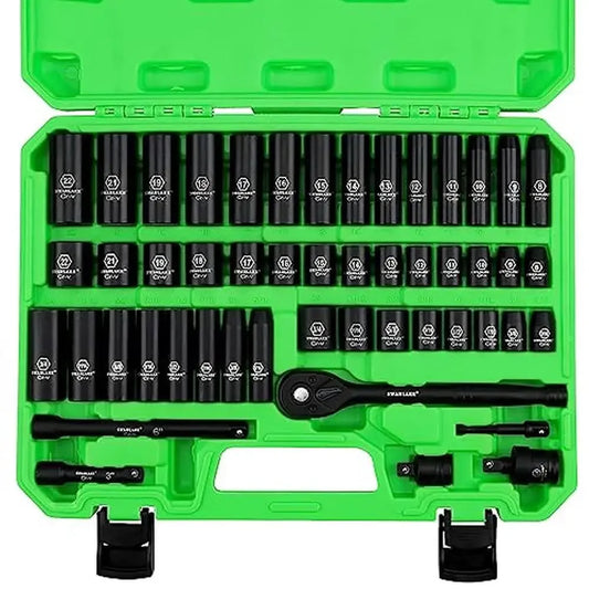 Impact Socket Set 50-Piece 3/8" Drive Standard SAE Metric 6 Point Cr-V Ratchet Laser Marked Easy Selection Custom Storage