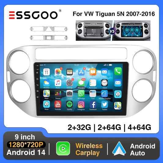 ESSGOO 9" Wireless CarPlay Android 14 Car Stereo Radio For Volkswagen VW Tiguan 5N 2007-2016 VW Golf Plus 2004-2013 GPS Nav wifi